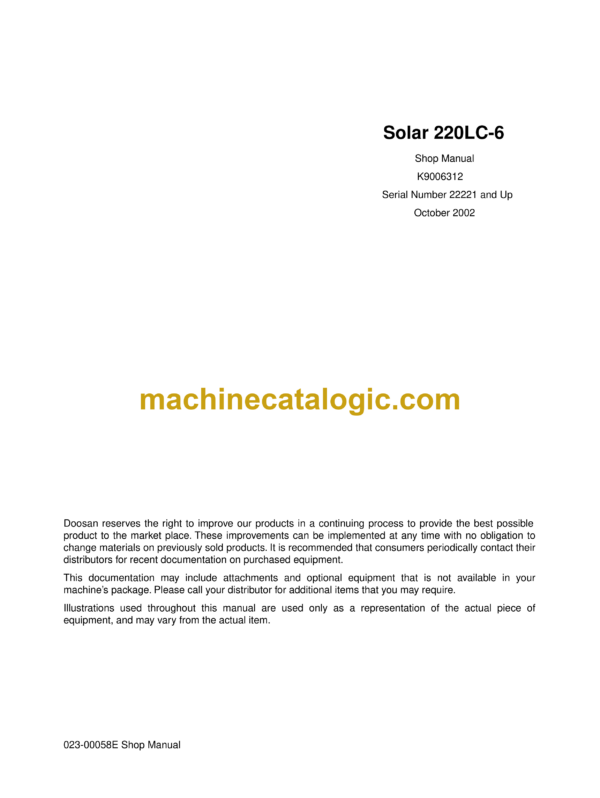 Doosan Solar 220LC-6 Excavator Shop Manual (Serial Number 22221 and Up)