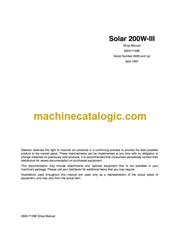 Doosan Daewoo Solar 200W-3 Excavator Shop Manual (Serial Number 0009 and Up)