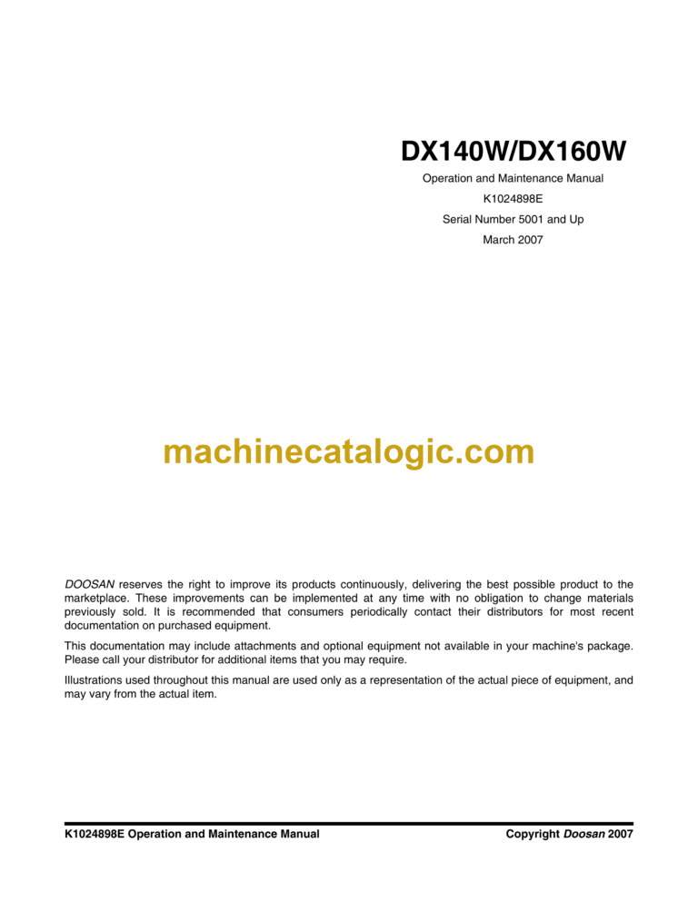 Doosan DX140W, DX160W Wheeled Excavator Operation and Maintenance Manual (Serial Number 5001 and Up)