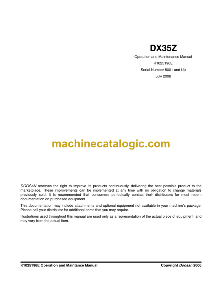 Doosan DX35Z Excavator Operation and Maintenance Manual (Serial Number 5001 and Up)