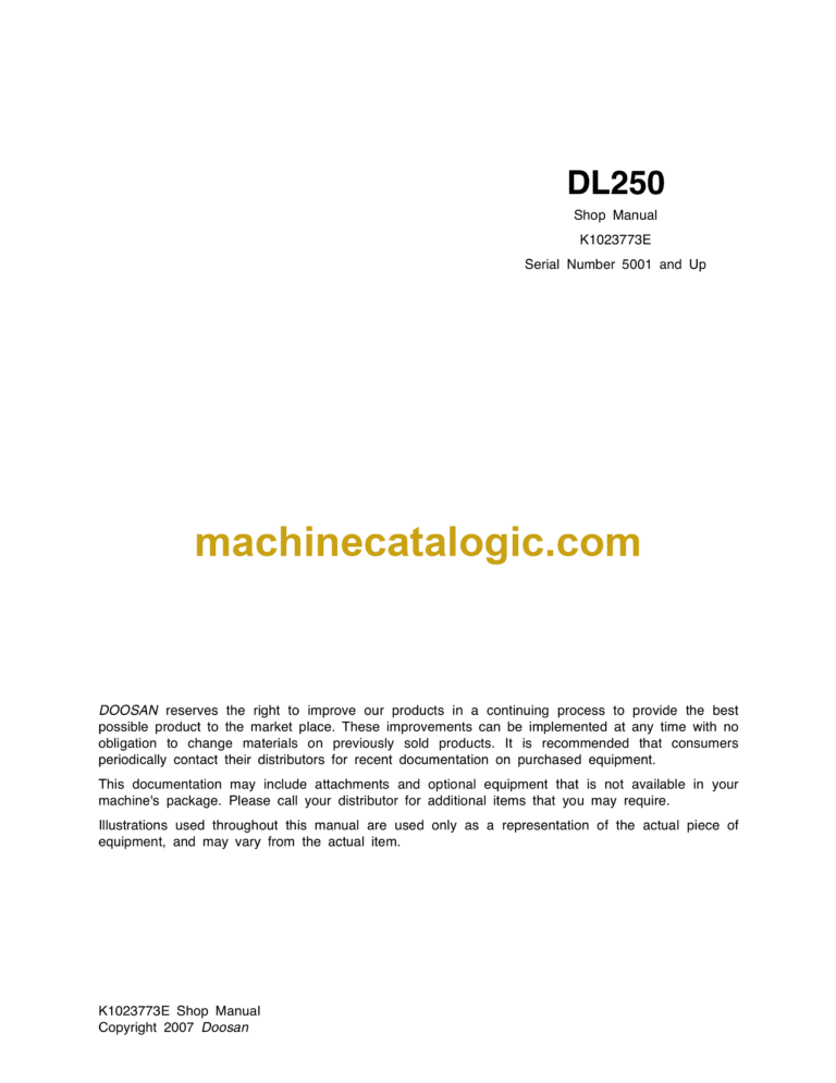 Doosan DL250 Wheel Loader Shop Manual (Serial Number 5001 and Up)