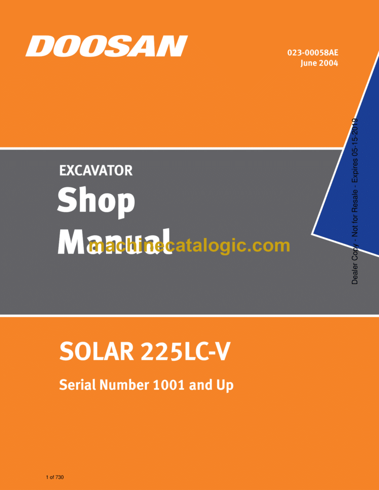 Doosan Solar 225LC-V Excavator Shop Manual (Serial Number 1001 and Up)