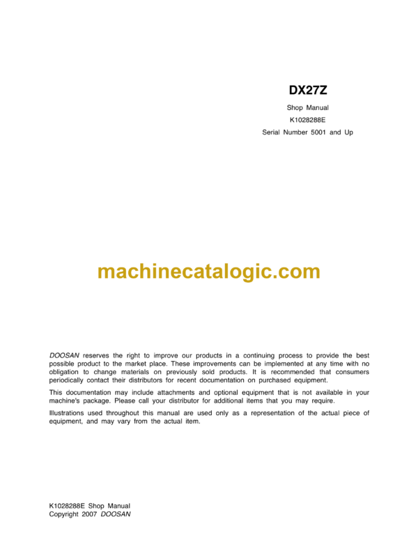 Doosan DX27Z Mini Crawler Excavator Shop Manual (Serial Number 5001 and Up)