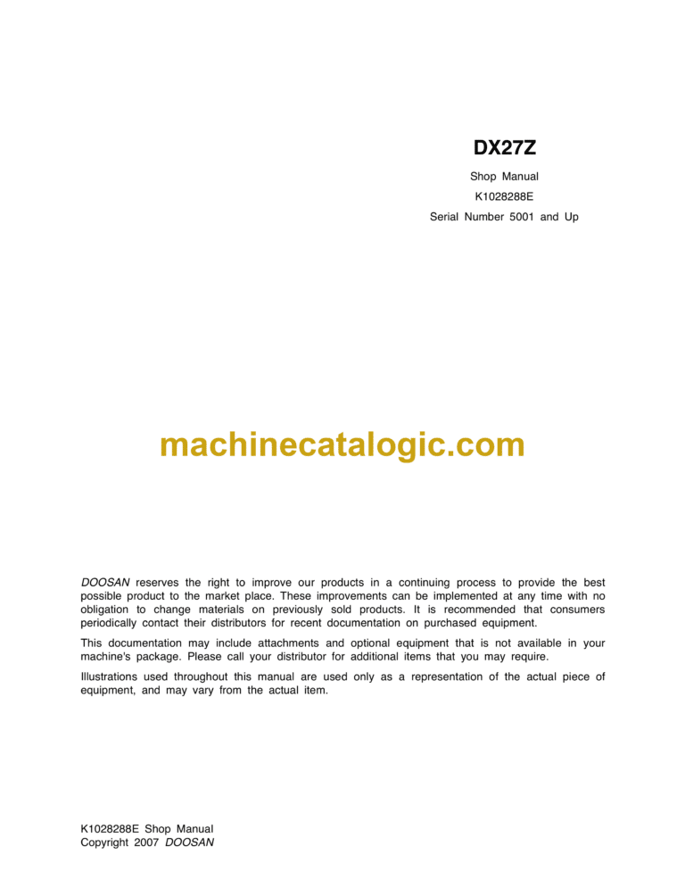 Doosan DX27Z Mini Crawler Excavator Shop Manual (Serial Number 5001 and Up)