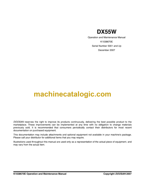 Doosan DX55W Wheeled Excavator Operation and Maintenance Manual (Serial Number 5001 and Up)