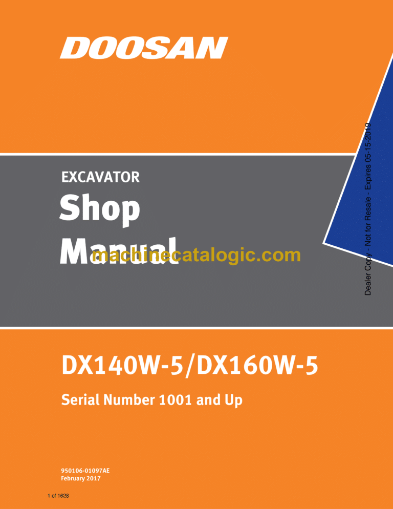 Doosan DX140W-5, DX160W-5 Wheeled Excavator Shop Manual (Serial Number 1001 and Up)