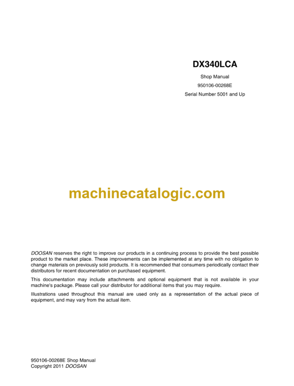 Doosan DX340LCA Hydraulic Excavator Shop Manual (Serial Number 5001 and Up)