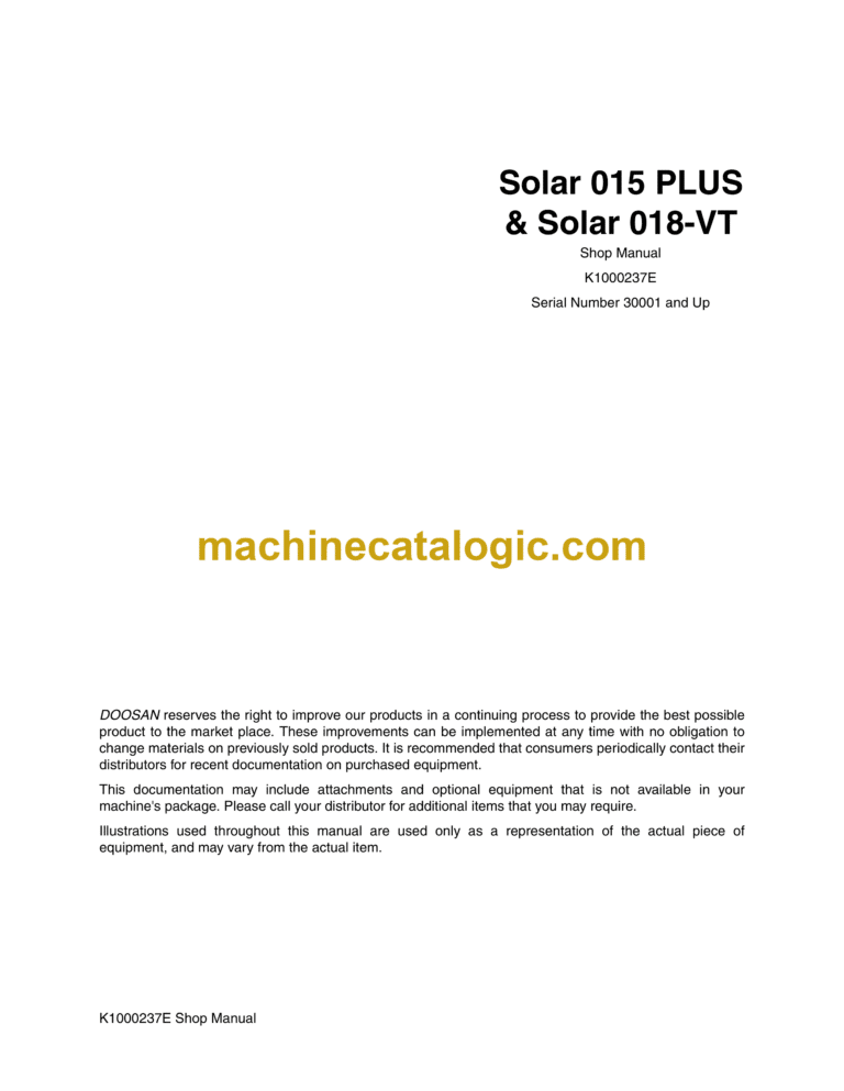 Doosan Solar 015 Excavator Shop Manual (Serial Number 30001 and Up)