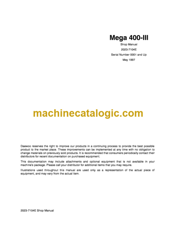 Doosan Daewoo Mega 400-3 Wheel Loader Shop Manual (Serial Number 0001 and Up)