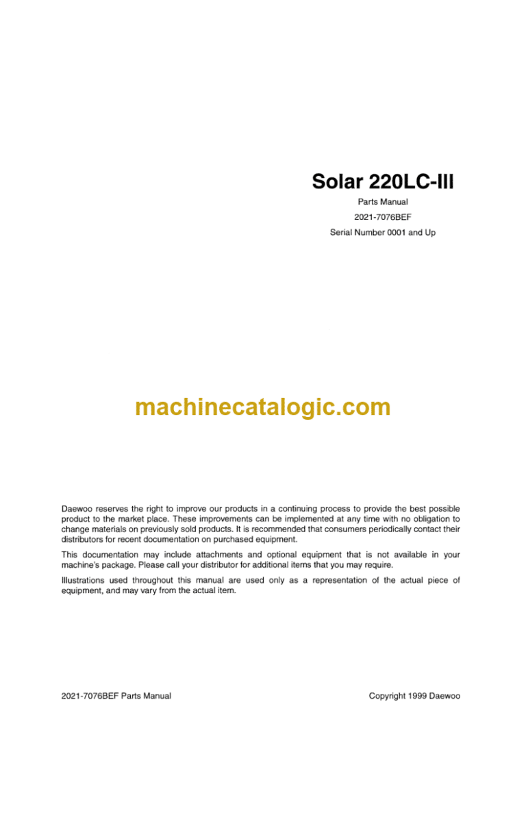 Doosan Solar 220LC-3 Excavator Parts Manual (Serial Number 0001 and Up)