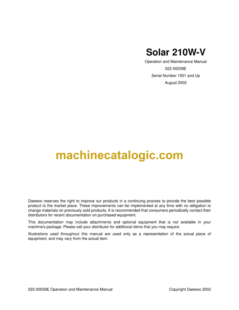 Daewoo Solar 210W-V Excavator Operation and Maintenance Manual (Serial Number 1001 and Up)