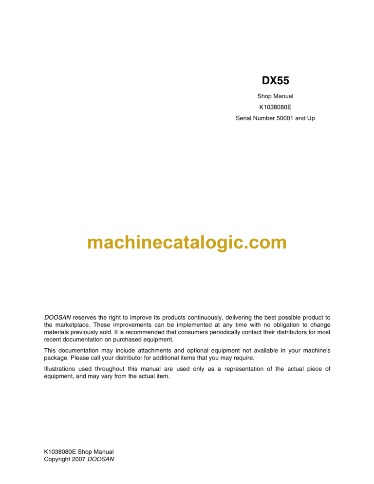 Doosan DX55 Crawler Excavator Shop Manual (K1038080E)