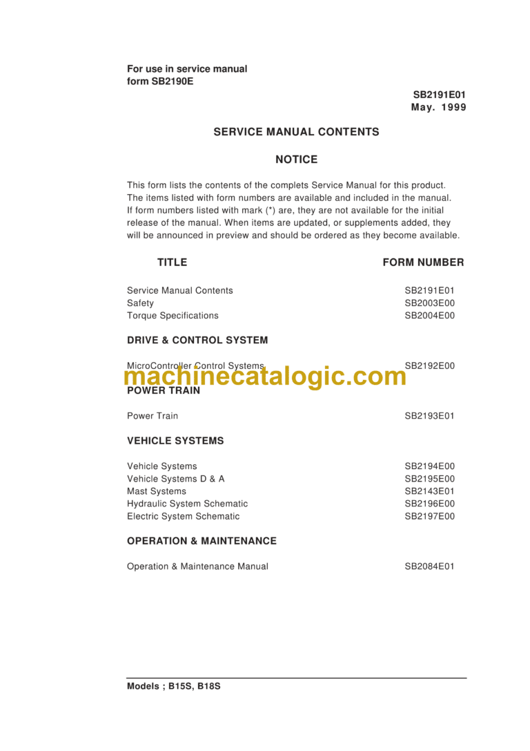 Daewoo B15S, B18S Lift Truck Service Manual