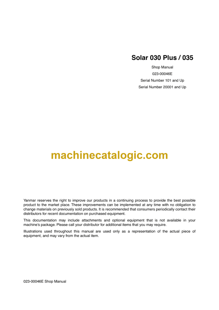 Doosan Solar 030 Plus, Solar 035 Excavator Shop Manual (Serial Number 101 and Up)
