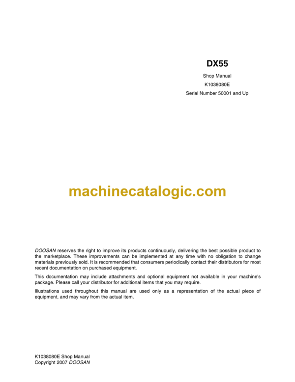 Doosan DX55 Hydraulic Excavator Shop Manual (Serial Number 50001 and Up)