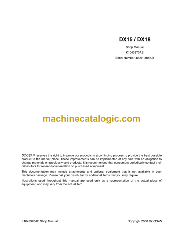 Doosan DX15, DX18 Crawler Excavator Shop Manual (Serial Number 40001 and Up)