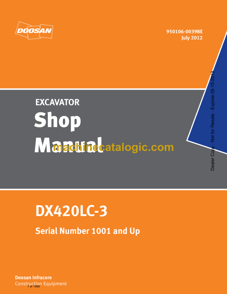 Doosan DX420LC-3 Hydraulic Excavator Shop Manual (Serial Number 1001 and Up)