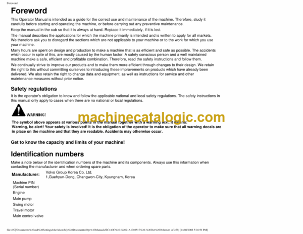 Volvo EC140C Excavator Operators Manual