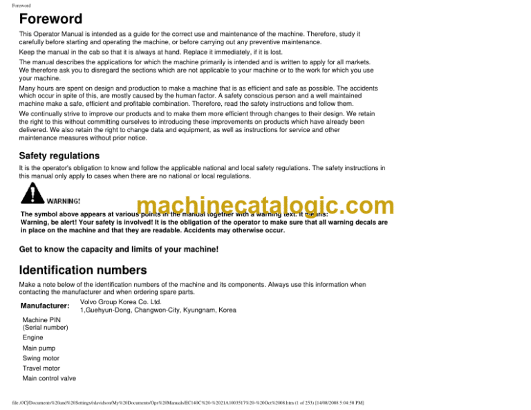 Volvo EC140C Excavator Operators Manual