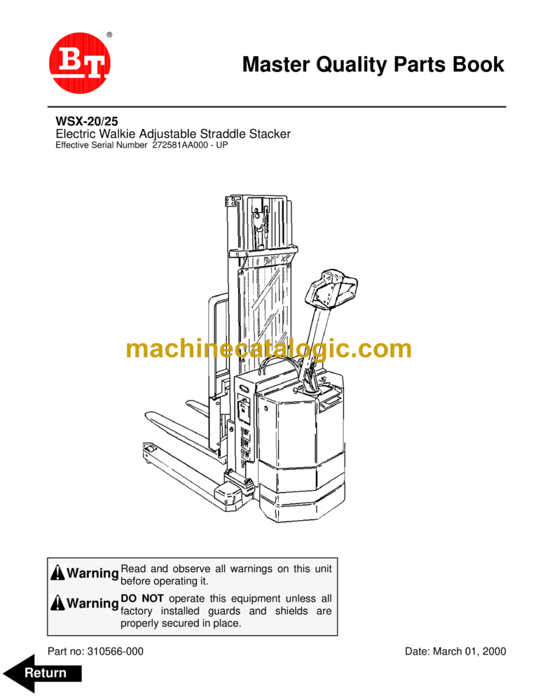 BT WSX20, WSX25 Pedestrian Stacker Quality Parts Manual