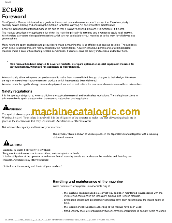 Volvo EC140B Excavator Operators Manual