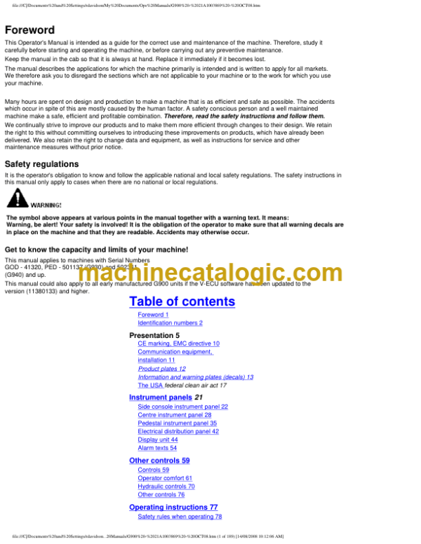 Volvo G900 Motor Grader Operators Manual