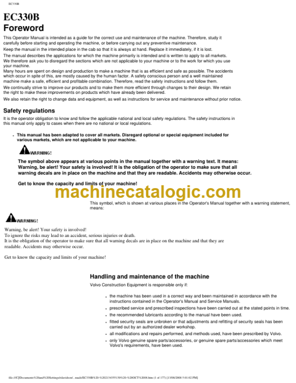 Volvo EC330B Excavator Operators Manual