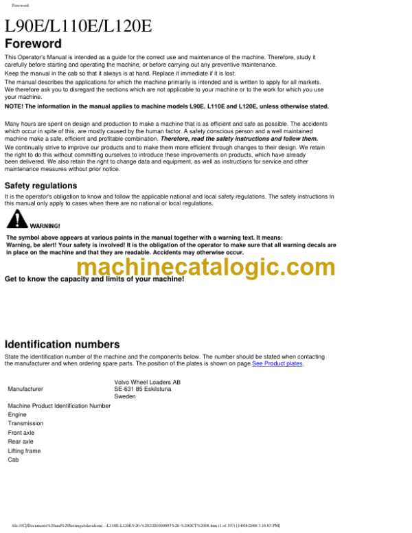 Volvo L90E, L110E, L120E Wheel Loader Operators Manual