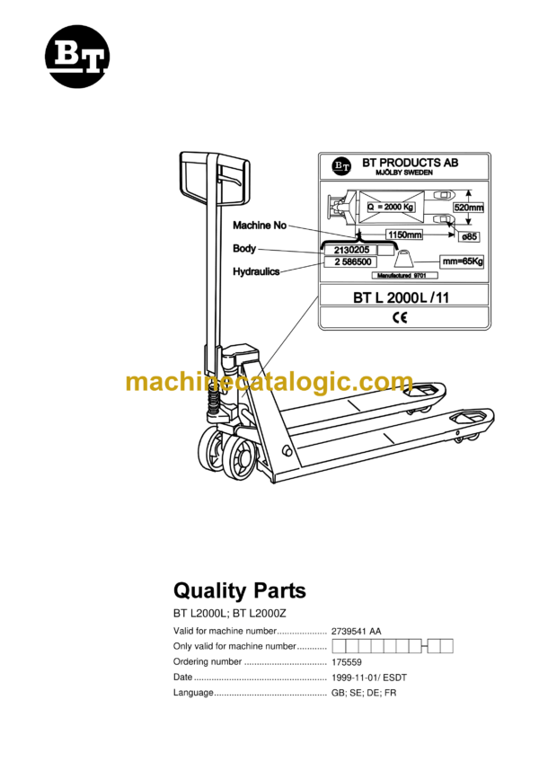 BT L2000L, L2000Z Hand Pallet Truck Quality Parts Manual