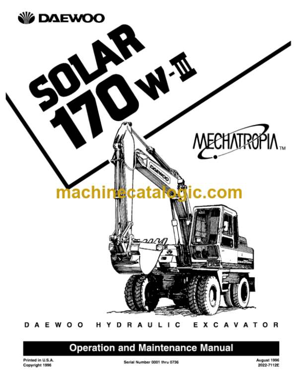 Daewoo Solar 170W-3 Excavator Operation and Maintenance Manual (Serial Number 0001 thru 0736)