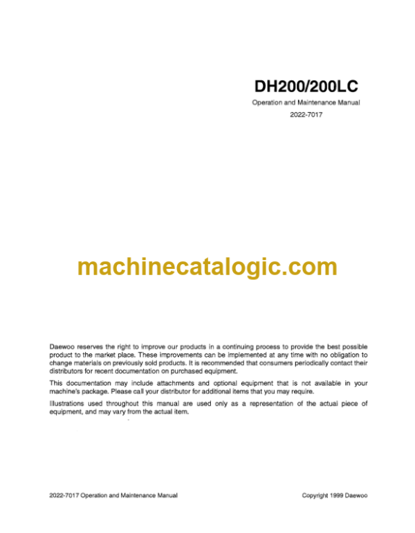 Daewoo DH200, DH200LC Excavator Operation and Maintenance Manual (2022-7017)