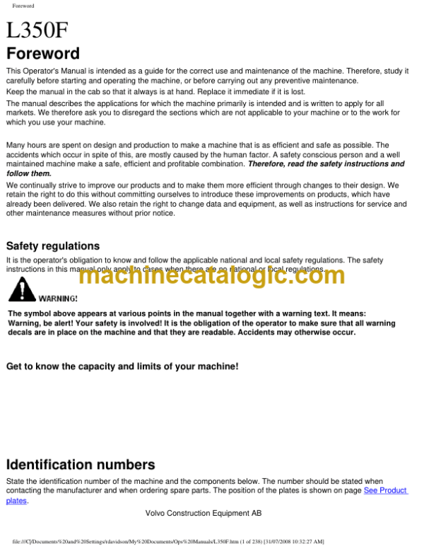 Volvo L350F Wheel Loader Operators Manual