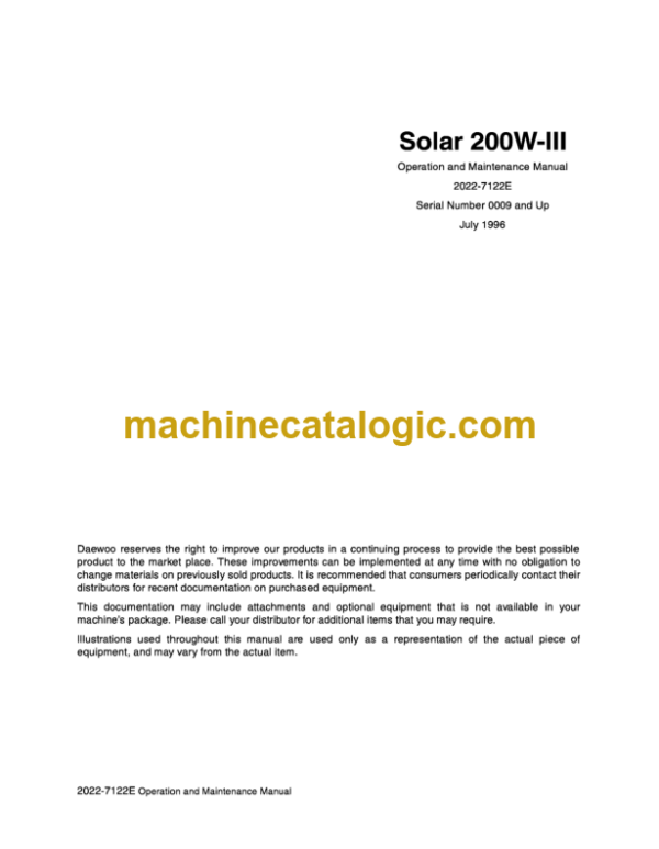 Daewoo Solar 200W-3 Excavator Operation and Maintenance Manual (Serial Number 0009 and Up)