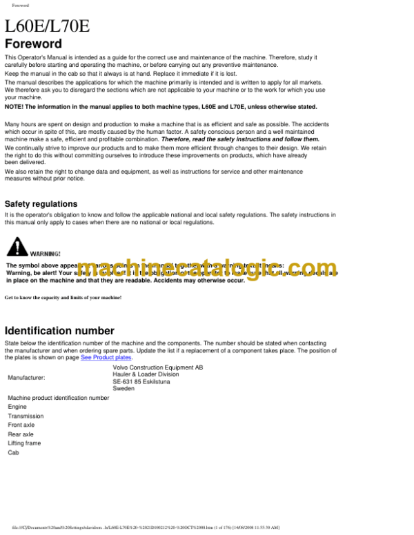 Volvo L60E, L70E Wheel Loader Operators Manual