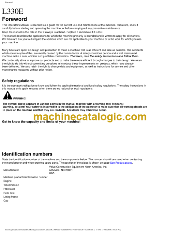 Volvo L330E Wheel Loader Operators Manual