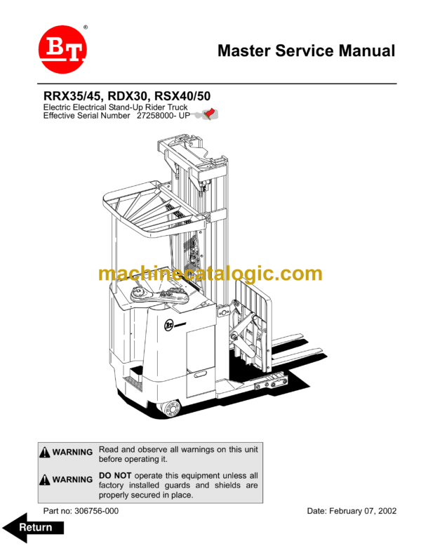 BT RRX35, RRX45, RDX30, RSX40, RSX50 Stand-Up Rider Forklift Master Service Manual