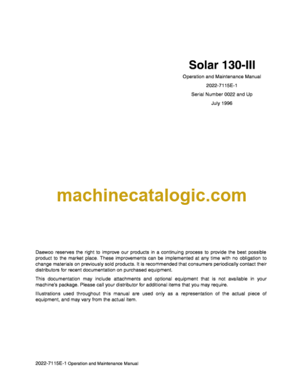 Daewoo Solar 130-3 Excavator Operation and Maintenance Manual (Serial Number 0022 and Up)