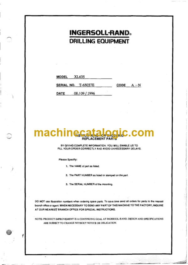 Ingersoll Rand XL635 Parts Manual (T-65037E)