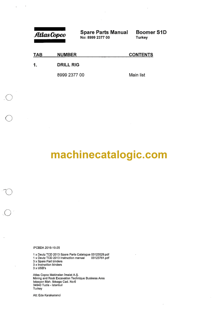 Atlas Copco S1D Boomer Parts Manual