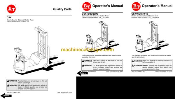 BT CSX10, CSX20, CSX30, CSX40 Electric Stacker Operator and Parts Manual