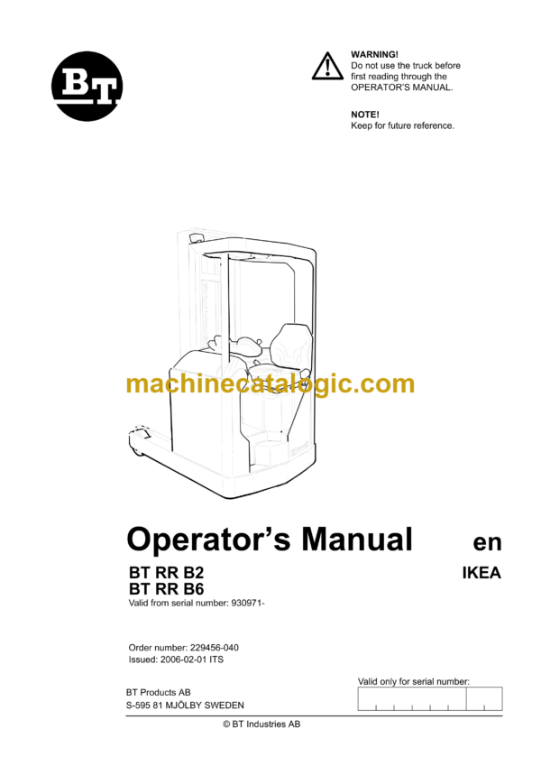 BT RR B2, RR B6 Reach Truck Operators Manual