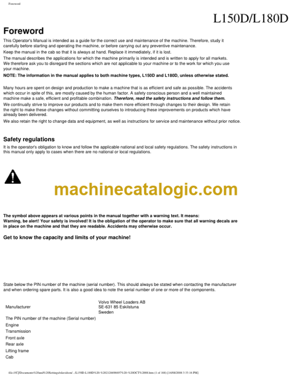 Volvo L150D, L180D Wheel Loader Operators Manual