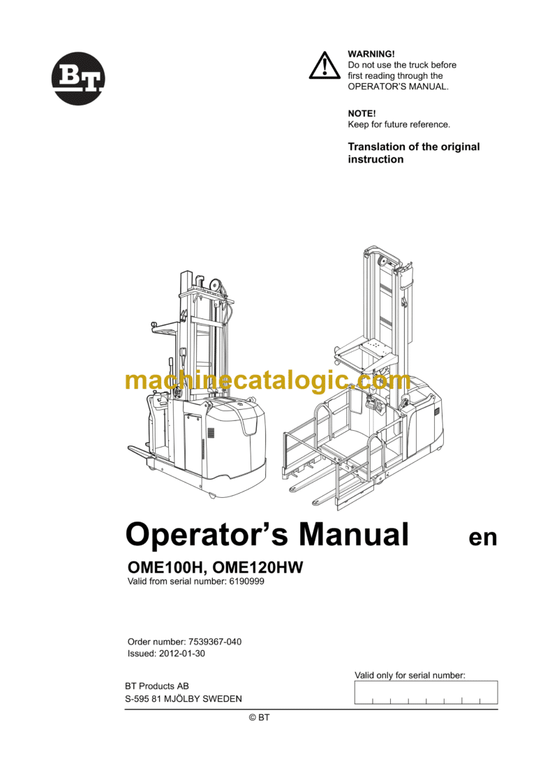 BT OME100H, OME120HW Order Picker Operators Manual