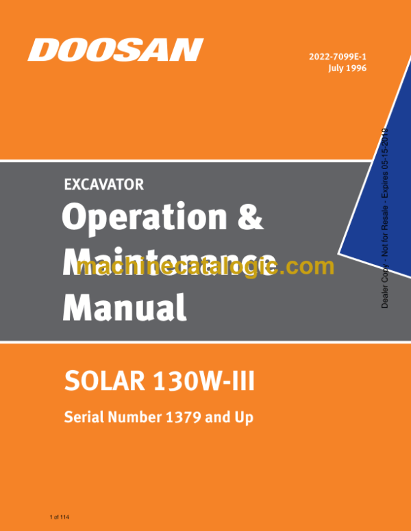 Doosan Solar 130W-3 Wheeled Excavator Operation and Maintenance Manual (Serial Number 1379 and Up)