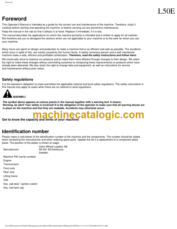 Volvo L50E Compact Wheel Loader Operators Manual