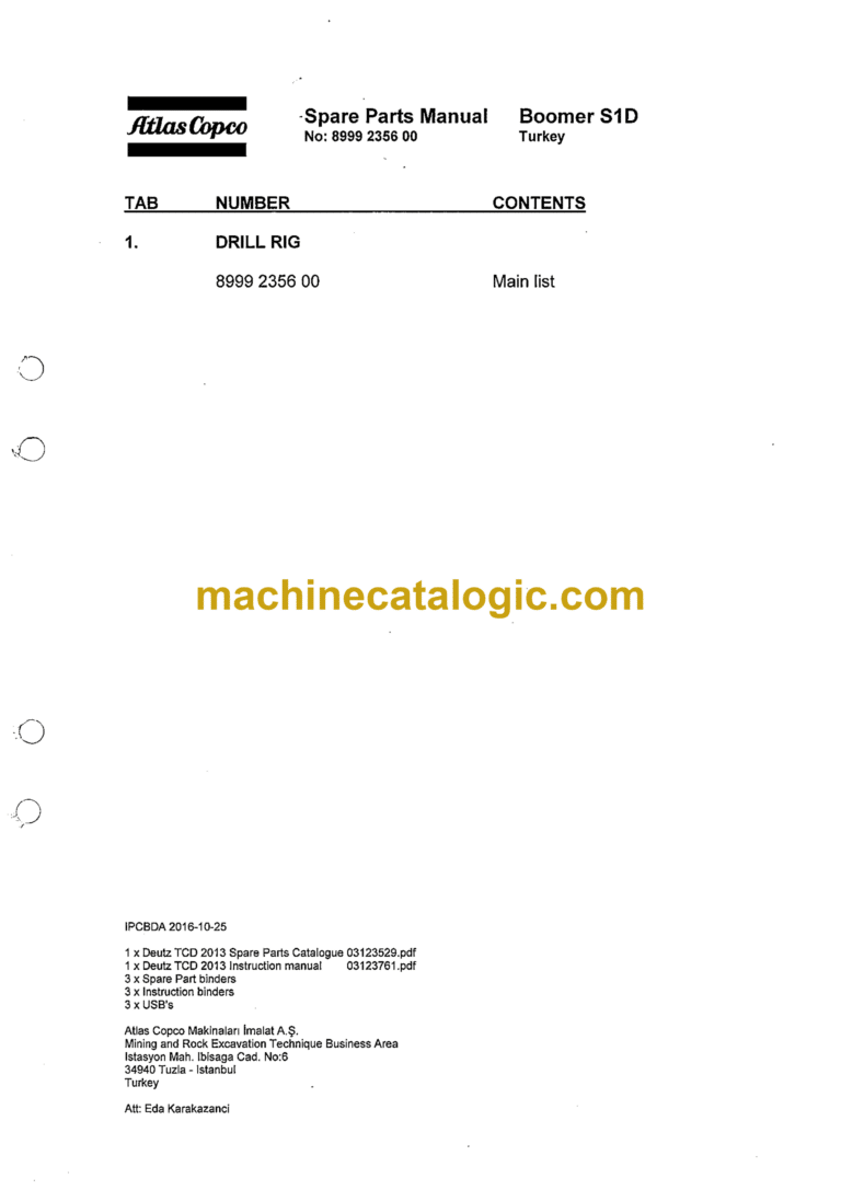 Atlas Copco S1D Boomer Parts Manual
