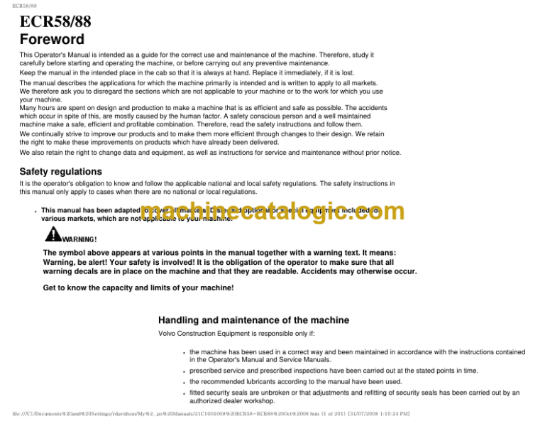 Volvo ECR58, ECR88 Excavator Operators Manual
