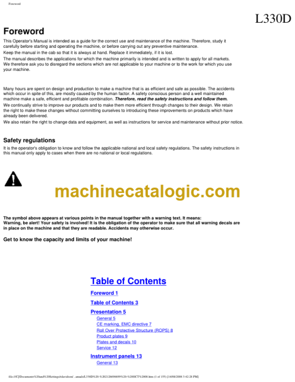 Volvo L330D Wheel Loader Operators Manual