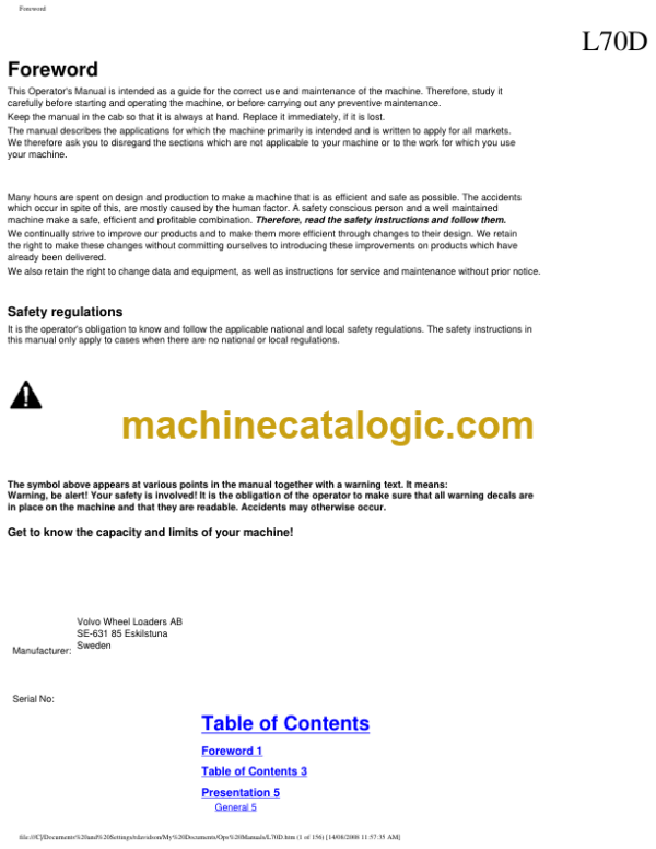 Volvo L70D Wheel Loader Operators Manual
