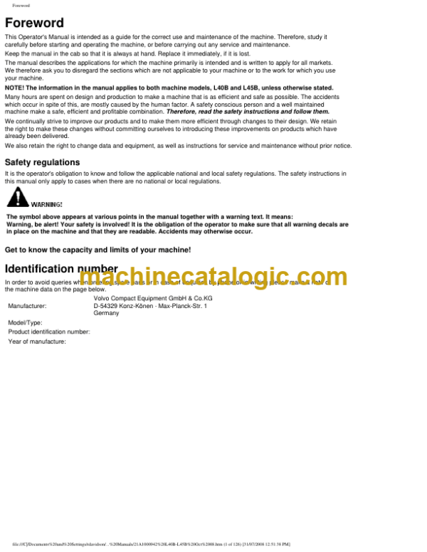 Volvo L40B, L45B Compact Wheel Loader Operators Manual